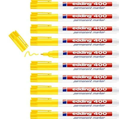 Image de edding 400 Marqueur permanent jaune 10 stylos pointe ronde fine 1 mm sèche vite, résiste à l&#039;eau et aux frottements pour carton, plastique, bois, métal, verre