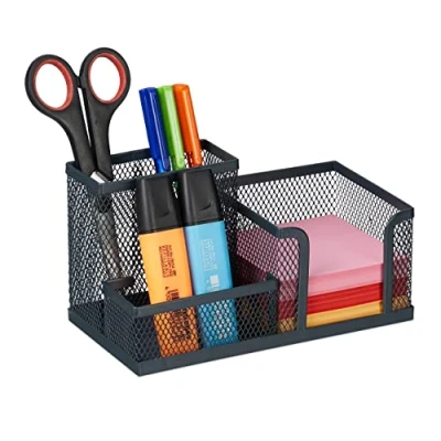 Afbeelding van Relaxdays pennenbak antraciet metaal 3 vakken bureau organizer pennenhouder