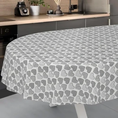 Afbeelding van ANRO Afwasbaar tafelzeil, tuintafelkleed, voor binnen en buiten, ovaal, met afgesneden rand, motief hart, grijs, 200 x 140 cm