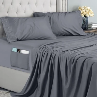 Afbeelding van Utopia Bedding geborduurd beddengoed, 4 delig (150 x 200 cm, grijs) beddengoed voor tweepersoonsbed, polyester microvezel, hoeslaken met opbergzakken, laken en 2 kussenslopen,