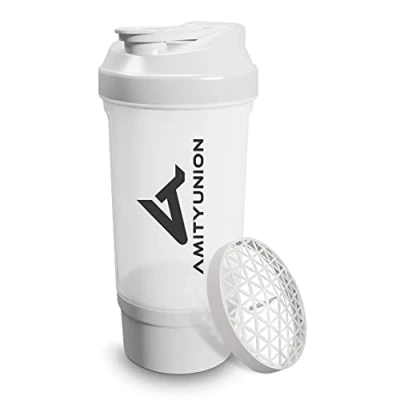 Afbeelding van Protein shaker Wit 700 ml FYRA lekvrij BPA vrij met poedervak ​​en zeef en schaal voor romige BCAA shakes, proteïne shake cups, isolaten wei eiwit