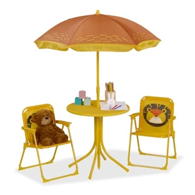 Afbeelding van Relaxdays Campinglounge voor kinderen, leeuw, kinderzitje met parasol, klapstoelen en tafel, tuin, geel
