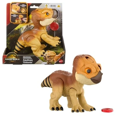 Image de Mattel Jurassic World: Renaissance figurine Aquilops à apprivoiser, dinosaure interactif Dolores avec actions et sons d’attaque, électronique façon animal de compagni, JGC01