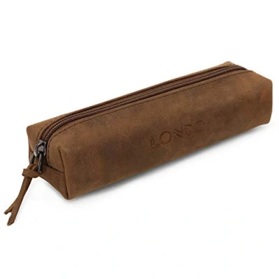 Afbeelding van Londo Pennenetui van echt leer, met ritssluiting, blauw, Kaneel, Pen Case