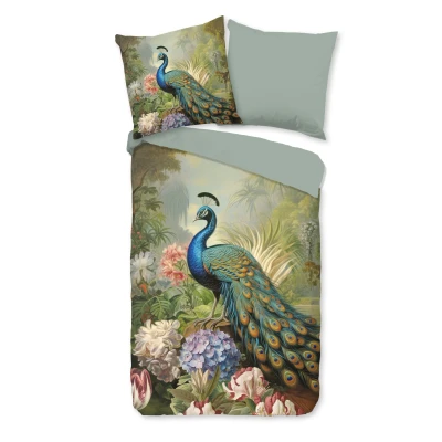 Afbeelding van Dekbedovertrek 155x220 cm Pauw en Bloemen Print Multi 1 Persoons 100% Katoen Oeko Tex Gecertificeerd