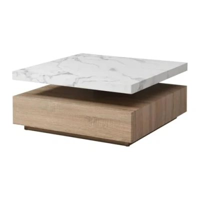 Afbeelding van Draaiende salontafel met 1 lade in MDF Zwarte marmerlook en houtlook KYRIA L 80 cm x H 36 D