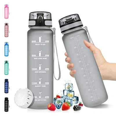 Image de Vikaster gourde Tritan 1 l, de sport sans BPA, bouteille d&#039;eau marqueur temps et filtre, adaptée aux boissons gazeuses, pour enfants, sport, vélo, camping, plein air