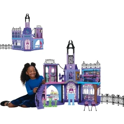 Image de Monster High Le Lycée Hanté Maison de poupées, coffret avec 7 espaces jeu et plus 35 éléments jeu, dont des meubles accessoires, HLP88