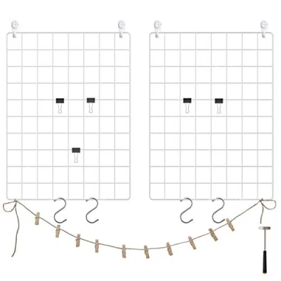 Afbeelding van SONGMICS set van 2 ijzeren roosters, fotowand gaas, wanddecoratie, doe het zelf decoratie, multifunctioneel, hangende fotowand, wandroosters, rasterwand met S haakjes, klemmen en hennepkoord, witte LPP01W