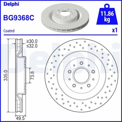 Afbeelding van DELPHI BG9368C Remschijf 335 32 5 Geventileerd Gecoat Semi finished Zonder wiellager, ABS sensorring