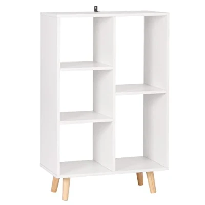 Afbeelding van WOLTU SK011ws Boekenkast met 5 niveaus, boekenrek op voet van paneelpanelen, opbergrek massief houten poten, voor woonkamer, slaapkamer, kantoor, wit, 60 x 95 30 cm