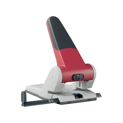 Afbeelding van Leitz Metalen perforator voor 65 vellen, groot, bureauperforator, aanslagrail met formaat, ergonomisch design, rood, 51800025