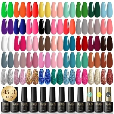 Afbeelding van ROSALIND 48 stuks semi permanente nagellak, 45 mini kleuren, groen, oranje, geel, blauw, paars, glitter, uv led gelnagellak, soak off UV, voor beginners, nail art, doe het zelf