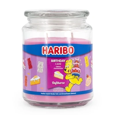 Afbeelding van Haribo Geurkaars van glas met deksel, verjaardagstaart, zachte geurkaars, lange brandduur (100 uur), cadeau idee voor verjaardag