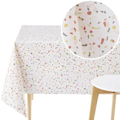 Afbeelding van KP HOME Rechthoekig tafelkleed van pvc, waterdicht, afwasbaar, 300 x 140 cm, terrazzopatroon, gemakkelijk te reinigen, crèmewit