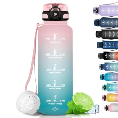 Image de Grsta Gourde pour le sport, 1,5 l, sans BPA, anti fuite, avec filtre et marqueur de temps fitness, l&#039;école, bureau l&#039;extérieur