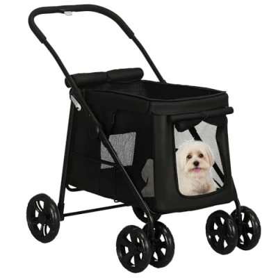 Afbeelding van PawHut Opvouwbare kinderwagen voor honden en katten, met kussen, zijzakken, netvenster, kleine middelgrote tot 20 kg, Oxford stof, zwart