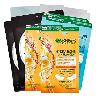 Afbeelding van Garnier SkinActive Hydraterend stoffen masker granaatappel + 2 x kalmerende Hydra Bomb kamille groene thee Pure Characoal reinigend anti vermoeidheid ogen
