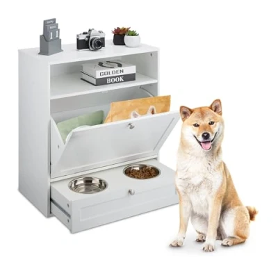 Afbeelding van Relaxdays kast met hondenvoerbakken op standaard 68 x 60 33 cm rvs wit