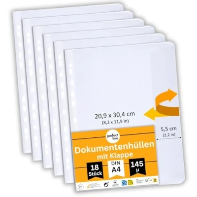 Afbeelding van perfect line 18 documentenhoezen met DIN A4 klep, transparante kunststof hoes, sterke premium folie, transparant als glas, glad, extra sterk, gemaakt in de EU
