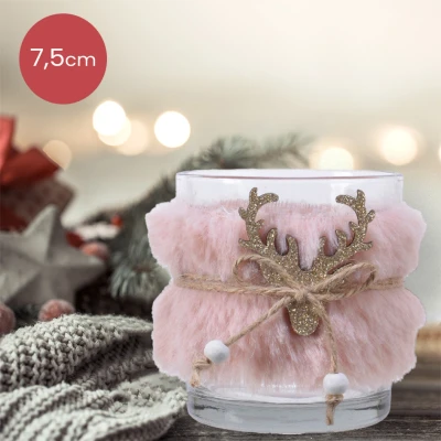 Afbeelding van Helder glazen waxinelichthouder met nep bond en hert Ø7 x 7,5 cm kerstdecoratie kerst luxe theelichthouder voor kaarsjes