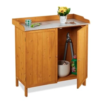 Afbeelding van tuinwerktafel buiten tinnen werkblad 94 x 47 cm hout