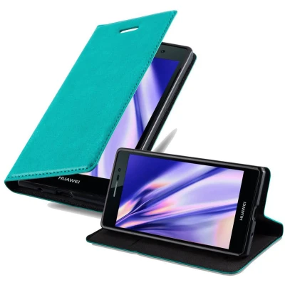Afbeelding van Cadorabo Hoesje geschikt voor Huawei ASCEND P7 in BENZINE TURKOOIS Beschermhoes met magnetische sluiting, standfunctie en kaartvakje Book Case Cover Etui
