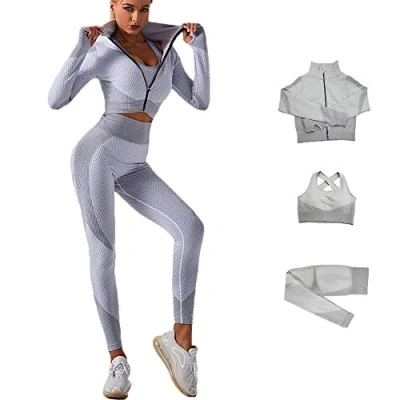 Afbeelding van Veriliss Sportkleding voor dames, 3 delig, trainingspak, set, beha, sportleggings yoga, sportkleding, fitness, trainingsset, sportoutfits, grijs.