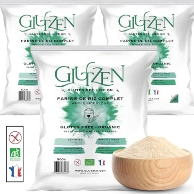 Image de Farine de Riz Complet Bio GLUTZEN. Compatible Machine à Pain, Pain Sans Gluten, Pizza, Pâtes Pancakes, Biscuits. Cœliaque, Vegan, Sportif, Protéiné, Allergènes. (3x500g)