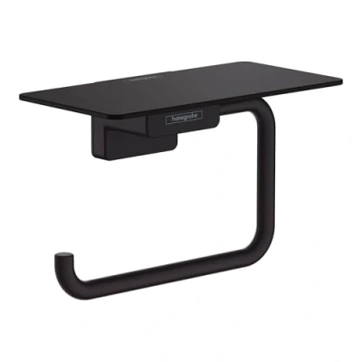 Image de hansgrohe AddStoris Porte papier toilette avec tablette, pour montage mural, Support de rouleau toilette, Accessoires salle bains, Noir mat, 41772670