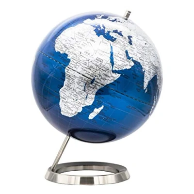 Afbeelding van EXERZ Globe de wereld, 25 cm, staande ring van roestvrij staal, verpakt in een hoogwaardige kraftdoos, perfect om cadeau te geven, metallic blauw