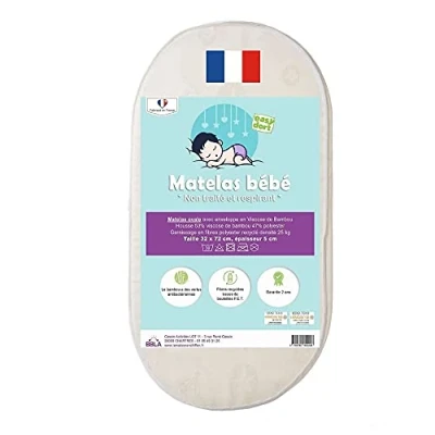 Afbeelding van Easy Dort Babywieg matras 32 x 72 cm wieg, reiswieg of babybedje Bamboe overtrek Zomer &amp; Winter Dubbelzijdig Zeer Comfortabel Gemaakt in Frankrijk Oeko tex® Wit