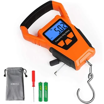 Afbeelding van aokuy Waterdichte visweegschaal met liniaal, bagageweegschaal, hanghaak, 50 kg, lcd display achtergrondverlichting, inclusief Waterprof tas en 2 AAA batterijen
