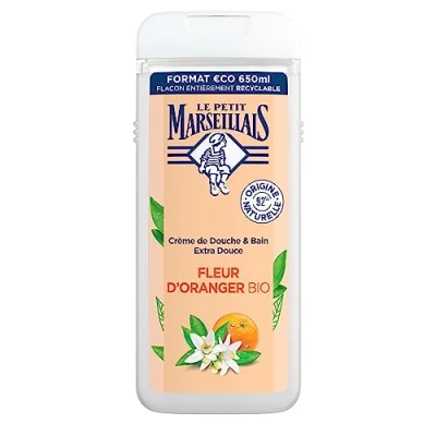 Image de Le Petit Marseillais Crème de douche Extra Douce Fleur d&#039;Oranger Bio (flacon 650 ml) Gel avec 92% d&#039;ingrédients d&#039;origine naturelle Flacon entièrement recyclable