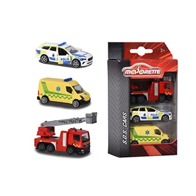 Afbeelding van Majorette 212057262033 3 stuks Zweeds noodvoertuig met politieauto in Volvo V90 model, ambulance en brandweerwagen van metaal vrije wielen bewegende onderdelen, 7,5 cm, vanaf bouwjaar