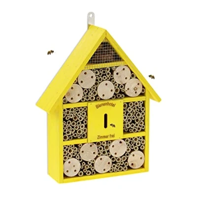 Afbeelding van Relaxdays insectenhotel hout insectenhuis balkon bijenhotel nestkast bijen tuin geel