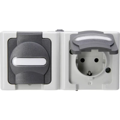 Afbeelding van Kopp 131256002 BlueElectric Compleet Wandcontactdoos met randaarde en klapdeksel spatwaterdicht Grijs 2 voudig