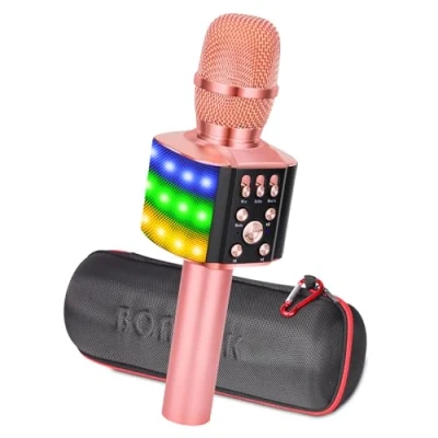 Afbeelding van BONAOK Karaoke Microfoon voor Kinderen, met Knipperende Kleurrijke Ledlampen,Draadloos Draagbaar 4 in 1 Bluetooth Apparaat, Thuis Feest iOS/Android(Roségoud)