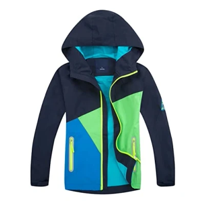 Afbeelding van YoungSoul Waterdichte jas voor jongens en meisjes, windjack met capuchon Color Block Wandeljas Lente Herfst, Donkerblauw