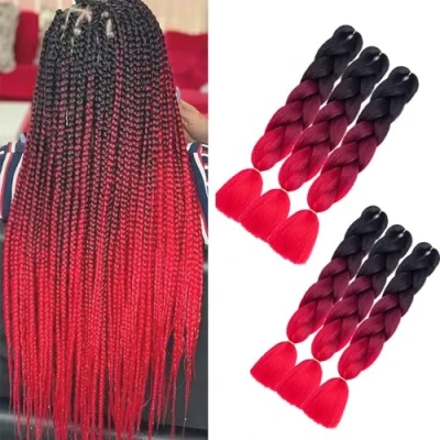 Afbeelding van 6 x jumbo haarverlengingen voor gekleurd kunsthaar, hittebestendig, doe het zelvers, haakdoos, schaduwbruin, 3 kleuren, ombré, 100 g/stuk, rood