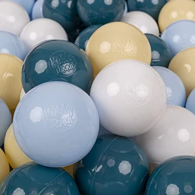 Afbeelding van KiddyMoon 100 ballen/7 cm kleurrijke plastic ballen voor zwembad kinderen baby made in EU, donker turkoois/pastelblauw/pastelgeel/wit
