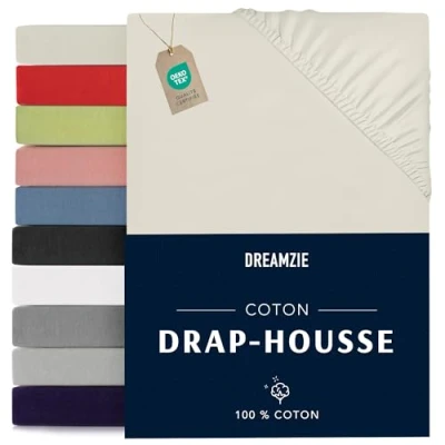 Image de Dreamzie Drap Housse 160 x 200 Beige 100% Jersey Coton Certifié Oeko Tex 160x200 avec Bonnet 27 cm