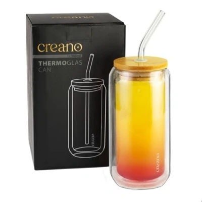 Afbeelding van Creano Dubbelwandig glas met bamboe deksel en rietje, 360 ml, smoothiebekers, bubbelthee, cocktailglas