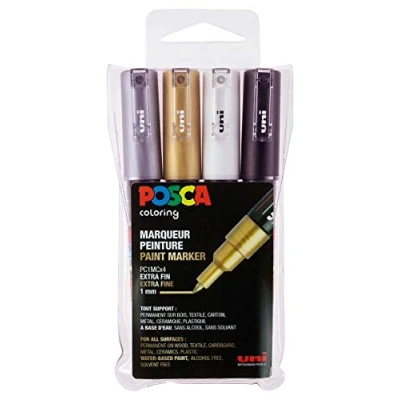 Afbeelding van Uni POSCA paintmarker PC 1MC, 0,7 mm, etui met 4 stuks in geassorteerde metallic kleuren