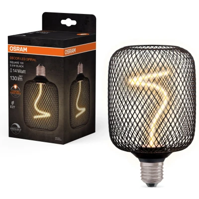 Afbeelding van OSRAM DECOR LED lamp met spiraalgloeidraad in metalen behuizing (vierkant), loodvrij glas, warm wit comfortlicht (1800 K), 3,5 W / 170 lm, E27 fitting, dimbaar, 100 mm, lampbehuizing zwart.