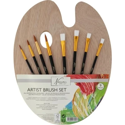 Afbeelding van Nassau Fine Art Schilderspalet hout + 8 Penselen Mengpalet acrylverf voor volwassenen kwastenset