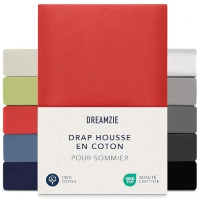 Afbeelding van Dreamzie Hoeslaken Boxspring 180 x 200 cm cm, jersey 100% katoen, matrashoogte tot 37 hypoallergeen, Oeko Tex, rood