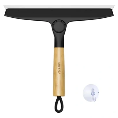 Afbeelding van MR.SIGA Draaibare siliconen trekker met handvat van bamboe, douchewisser voor badkamer, raam, professionele raamwisser zuignaphouder, zwart