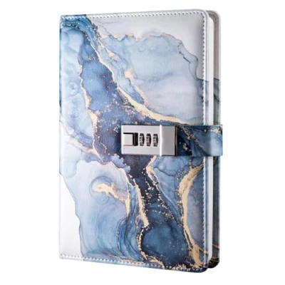 Afbeelding van dagboek met slot, BetterJonny leren notitieboekje A5 PU leer slot reisdagboek schetsboek afsluitbaar voor dames heren meisjes jongens tieners kinderen, blauw