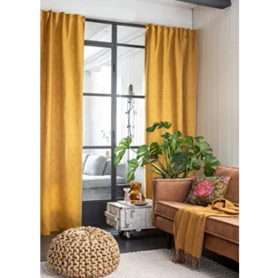 Afbeelding van Elbersdrucke gordijn met verborgen lussen Sunny 02 geel curry 255x140 cm ondoorzichtig 201302 voor de woonkamer, slaapkamer, keuken, hal, kinderkamer